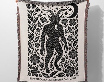 Krampus Linocut Custom Goth Christmas Woven Blanket, Personalized Creepmas Tapestry, Merry Gothmas Christmas Gift with Name, Horror Decor