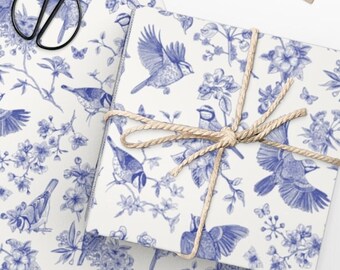 Vintage Inspired Wrapping Paper - Blue Birds Toile - Bridal Shower Gift Wrap, Toile de Jouy Wedding Wrapping Paper, Baby Shower Her Elegant