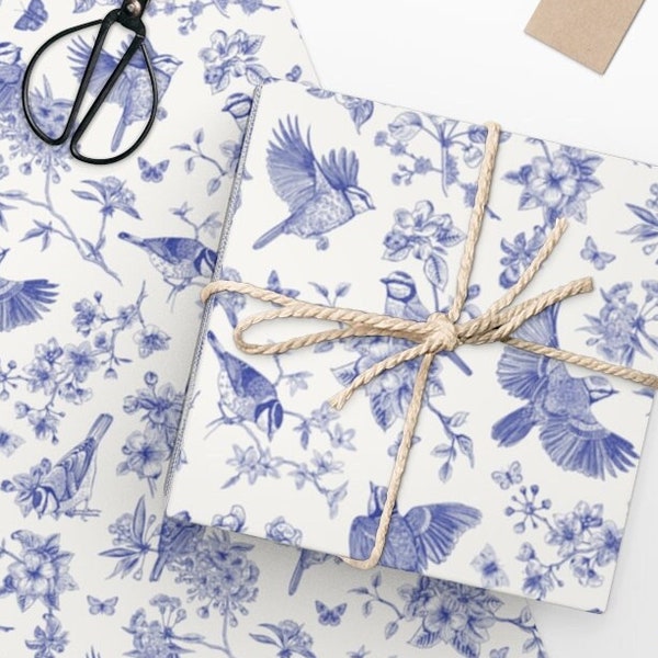 Vintage Inspired Wrapping Paper - Blue Birds Toile - Bridal Shower Gift Wrap, Toile de Jouy Wedding Wrapping Paper, Baby Shower Her Elegant