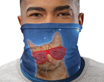 Funny Face Mask - Space Cat Neck Gaiter Adult - 80s cat meme animal gift, cat lover gift men women, rave festival scarf covering psychedelic