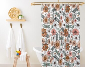 Cottagecore Boho Shower Curtain - Dragonflies and Flowers, Hippie Showercurtain, retro 60's 70's Bathroom Decor, Flowers Floral Orange Green