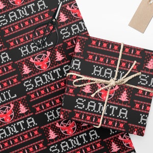 Hail Santa Christmas Gift Wrap - Horror Christmas Wrapping Paper, Gothmas Black Gift Wrap, Funny Ugly Sweater, Holiday Satan Devil Goth