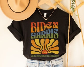 Biden Harris 2024 Shirt Vintage Boho Shirt Aesthetic Shirt for Women Groovy Retro Hippie Tee Election 2024 Shirt LGBTQIA Rainbow Plus Size