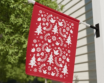 Scandinavian Christmas Garden Flag Retro Christmas Tree Dove House Banner Vintage Hygge Holiday Flag Nordic Cute Cottagecore Yard Sign