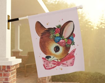 Vintage Christmas Garden Flag Cute Pink Reindeer Double Sided Flag Retro Christmas Outdoor Flag Mid Century Modern Holiday Decor Yard Sign