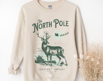 Vintage Christmas Sweatshirt North Pole Retro Reindeer Santa Sweater Holiday Hoodie Hiking Camping Outdoors Gift Santa Claus Winter Clothing