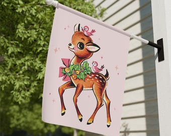 Retro Christmas Flag Pink Reindeer Garden Flag Double Sided Cute Rudolph Outdoor Flag Classic Christmas Decorations Vintage Holiday Decor