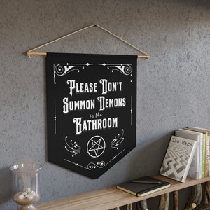 thumbnail image 2 of Flangairy Gothic Bathroom Sign - 'Please Don't Summon Demons' Wooden Halloween Decor 2 of 9