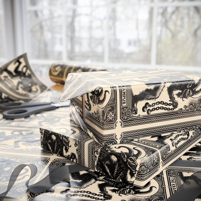Krampus Wrapping Paper Roll, Vintage Tarot Card, Goth Christmas Gift Wrap, Creepmas Holiday Wrap, Merry Gothmas, Witchy Horror Lover Gift image 3
