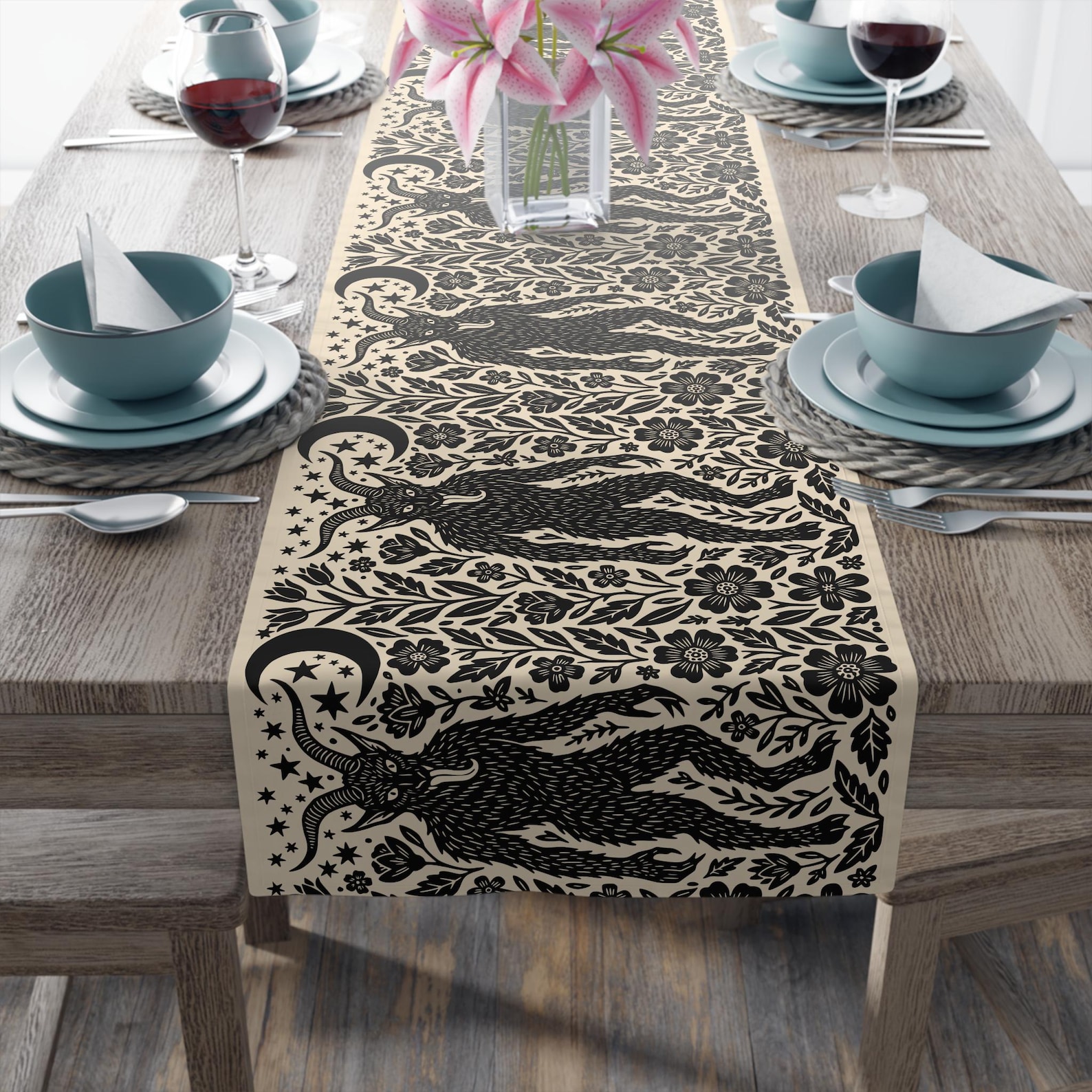 Krampus Linocut Goth Christmas Table Runner, Anti Christmas Home Decor ...