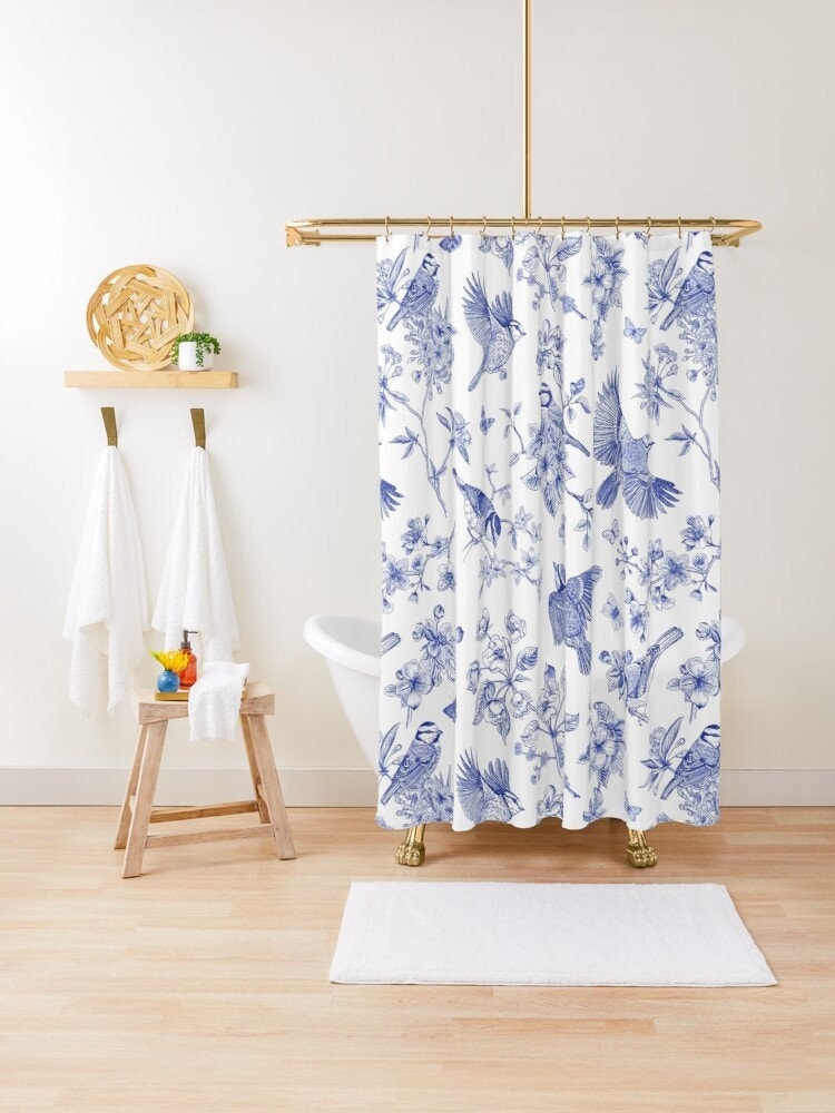 Blue Birds Toile Shower Curtain Unique Showercurtain Toile Etsy