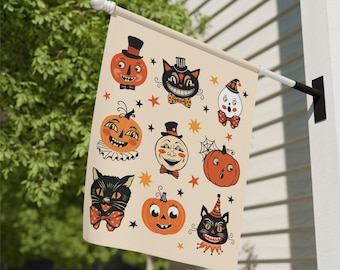 Vintage Halloween Black Cat Garden Flag Spooky Primitive Halloween Pumpkin Flag Cute Retro Halloween Decorations Cute Folk Art House Banner