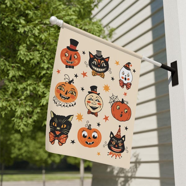 Vintage Halloween Black Cat Garden Flag Spooky Primitive Halloween Pumpkin Flag Cute Retro Halloween Decorations Cute Folk Art House Banner