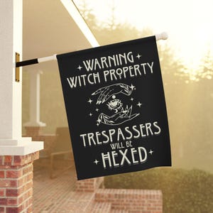 Witchy House Flag Warning Witch Property Funny Halloween Garden Flag Gothic Home Decor Spooky Halloween House Banner Wiccan Celestial