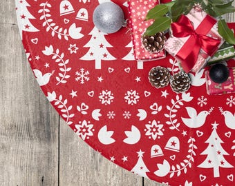 Retro Scandinavian Christmas Tree Skirt Vintage Dove Chirstmas Decor Mid Century Modern Scandi Home Decor Swedish Nordic Fair Isle Red