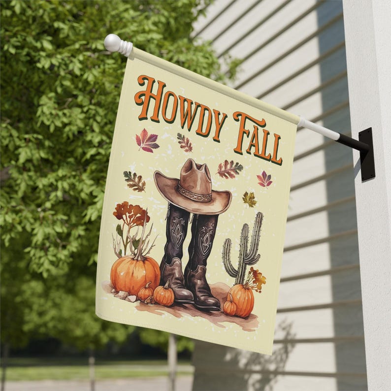 Howdy Fall Flag Western Autumn Garden Flag Thanksgiving Flag Southwest Flag Cowboy Boot Outdoor Flag Cactus Farmhouse Country Porch Sign image 1