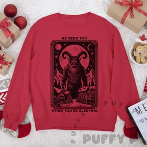 Krampus Christmas Sweater He Sees You Sleeping Vintage Tarot Card Sweatshirt Funny Goth Xmas Shirt Scary Spooky Christmas Horror Lover