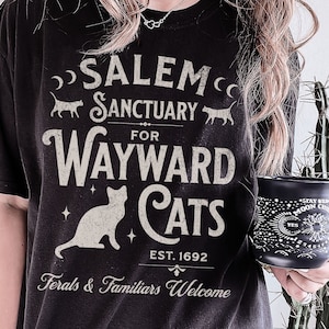 Witchy Shirt Salem Sanctuary Wayward Cats Retro Halloween Comfort Colors Shirt for Women Black Cat Gothic Clothing Witchcore Plus Size