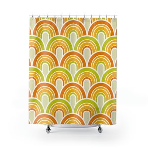 Retro Shower Curtain, 60s 70s 80's Rainbow, Boho ShowerCurtain, Hippie Bathroom Decor, Trippy Groovy Mid Century Modern Vintage Green Orange image 2