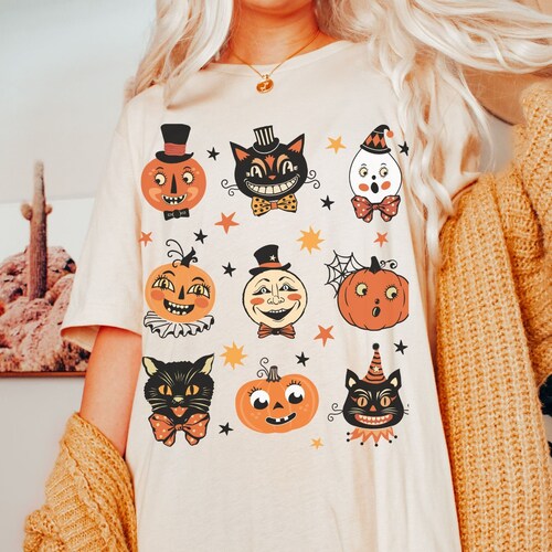 Chemise Halloween vintage Tee-shirt chat noir primitif, citrouille d'Halloween primitif, art folklorique, chemise Halloween rétro, vêtements d'automne, grande taille
