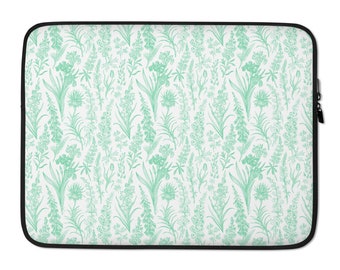 Mint Toile Laptop Sleeve 13 15 inch - toile de jouy neoprene bag for women, vintage victorian notebook,french country botanical illustration