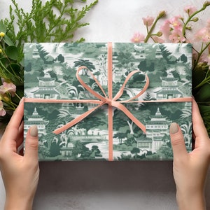 Green Chinoiserie Wrapping Paper Toile Gift Wrap Vintage Christmas Wrapping Paper Toile de Jouy Wedding Wrapping Paper Asian Pagoda Chic