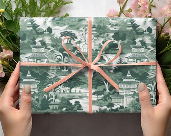 Green Chinoiserie Wrapping Paper Toile Gift Wrap Vintage Christmas Wrapping Paper Toile de Jouy Wedding Wrapping Paper Asian Pagoda Chic