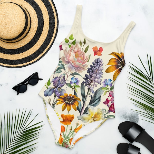 Wildflower One Piece Swimsuit Boho Floral Bodysuit Vintage Floral Swimsuit Flowers Cottagecore Botanical Plant Lover Gift UPF 50 Plus Size