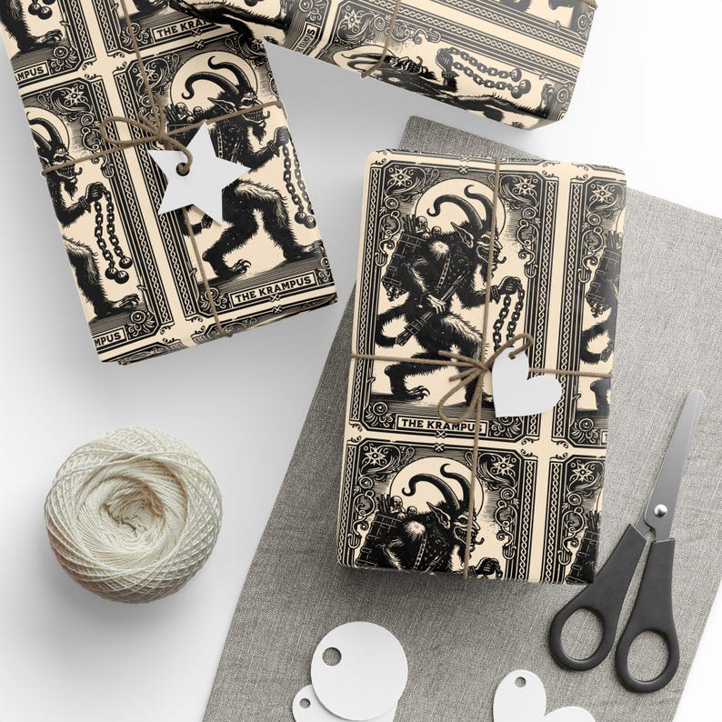 Krampus Wrapping Paper Roll, Vintage Tarot Card, Goth Christmas Gift Wrap, Creepmas Holiday Wrap, Merry Gothmas, Witchy Horror Lover Gift image 2