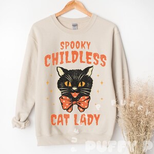 Spooky Childless Cat Lady Retro Halloween Sweatshirt Anti Trump FDT Kamala Harris Hoodie Black Cat Witchy Shirt Funny Feminist Tee Resist