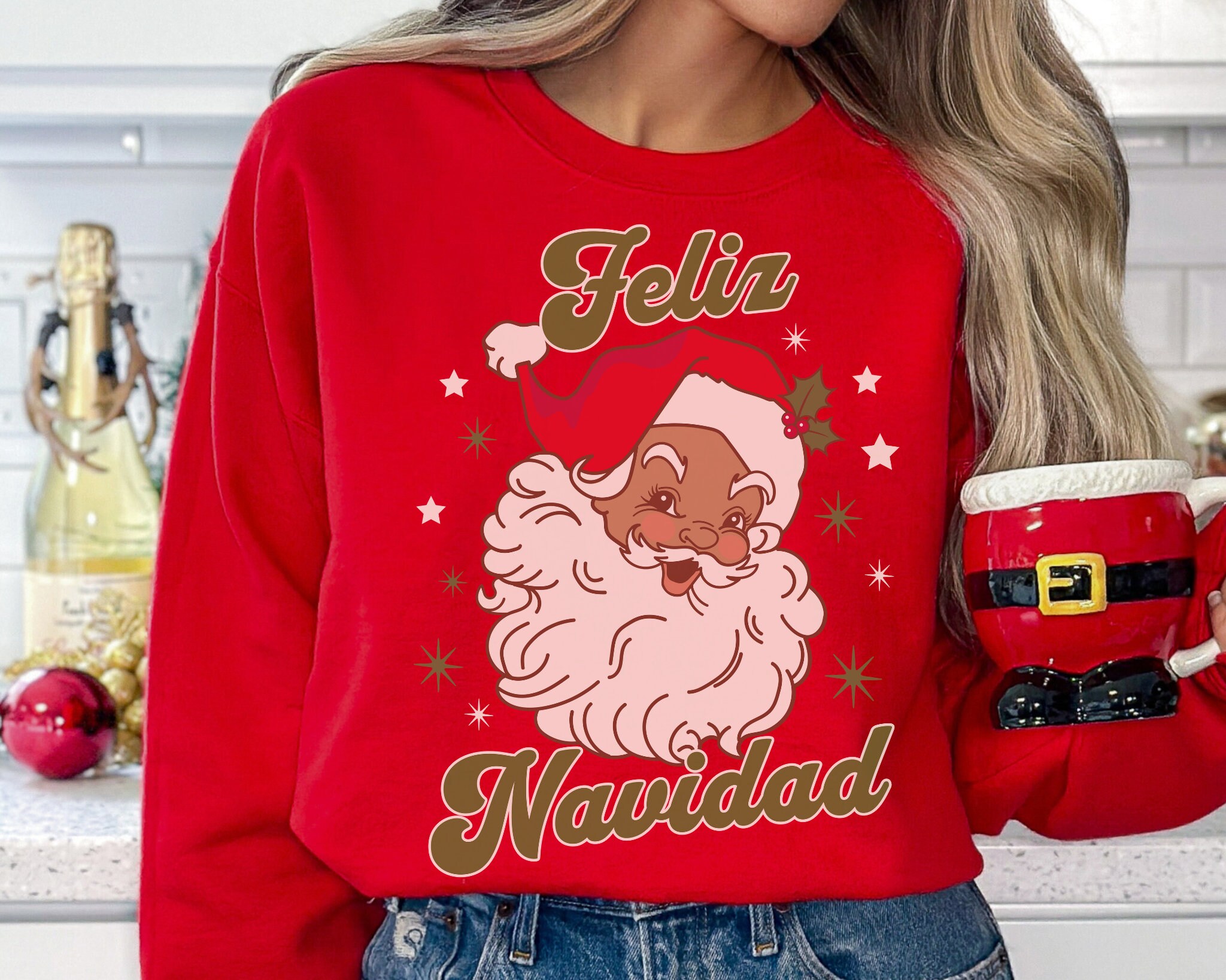 Feliz Navidad Shirt Brown Santa Sweatshirt Vintage Christmas Shirt