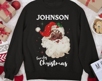 Custom Retro Black Santa Sweatshirt Matching Family Name Christmas Sweater Personalized Christmas Pajama Tops African American Holiday Shirt