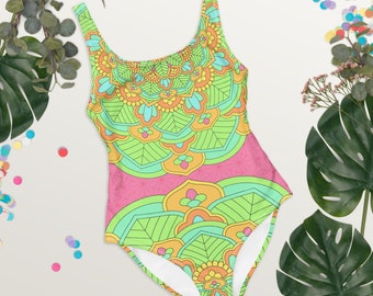 Kaleidoscope One Piece Swimsuit Pink Green Festival Outfit Women Sacred Geometry Trippy Psychedelic Burning Man Clothing UPF 50 Plus Size