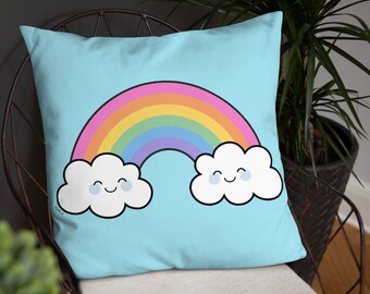 Cute Kids Throw Pillow - Kawaii Rainbow - 18x18 22x22 - pillowcase and insert, girls bedroom home decor, reading pillow for kids, lounger