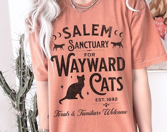 Witchy Shirt Salem Sanctuary Wayward Cats Retro Halloween Comfort Colors Shirt for Women Black Cat Gothic Clothing Witchcore Plus Size