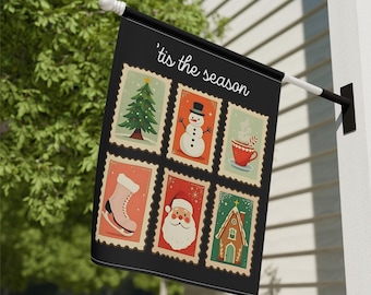 Tis the Season Cute Christmas Postage Postal Stamps Garden Flag Retro Christmas Yard Flag Holiday Vintage Holiday Outdoor Decor