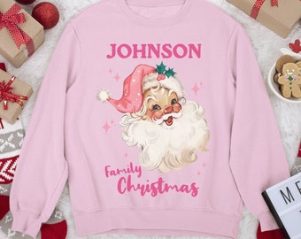 Custom Retro Pink Santa Sweatshirt Matching Family Name Christmas Sweater Personalized Pink Christmas Pajama Tops Mommy and Me Holiday Shirt