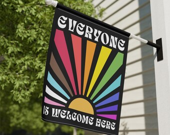 Everyone is Welcome Here Flag Anti Trump Garden Flag Resist Sign Diversity and Inclusion Idaho Teacher LGBTQIA Rights Trans Rainbow BIPOC