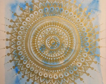 EVOL - Blue and Gold Mandala High Vibrations High Frequencies Intuitive Art Hand Drawn Watercolor and Acrylic Markers