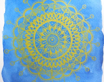 SLIMA - Blue and Gold Mandala - High Vibrations High Frequencies Intuitive Art Hand Drawn Watercolor and Markers