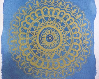 SORELA - Blue and Gold Mandala - High Vibrations High Frequencies Intuitive Art Hand Drawn Watercolor and Markers