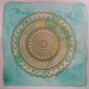 KULANA - Mandala verde smeraldo e oro - Alte vibrazioni Alte frequenze Arte intuitiva Acquerello e pennarelli disegnati a mano