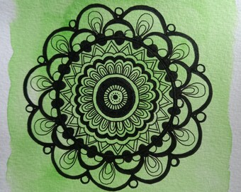 ARIEL - Green and Black Mandala - - High Vibrations High Frequencies Intuitive Art Hand Drawn Watercolor and Markers