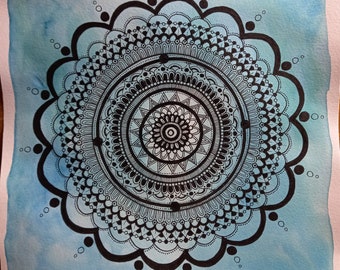 ALOHA - Blue and Black Mandala - High Vibrations High Frequencies Intuitive Art Hand Drawn Watercolor and Markers