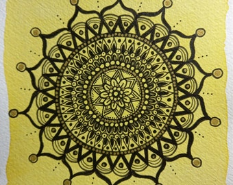 SAHARA - Yellow, black and gold ocher mandala - High Vibrations High Frequencies Intuitive Art Hand-drawn Watercolor and Markers