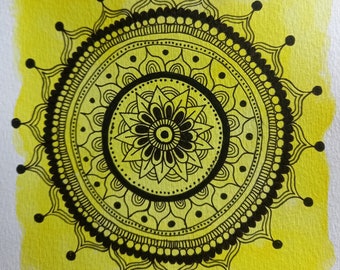 YLE - Yellow and Black Mandala - High Vibrations High Frequencies Intuitive Art Hand Drawn Watercolor and Markers