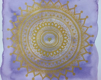 OJA - Purple and Gold Mandala - High Vibrations High Frequencies Intuitive Art Hand Drawn Watercolor and Acrylic Markers