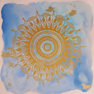LUCE - Mandala blu e oro - Alte vibrazioni Alte frequenze Arte intuitiva Acquerello e pennarelli disegnati a mano