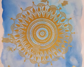 LIGHT - Blue and Gold Mandala - High Vibrations High Frequencies Intuitive Art Hand Drawn Watercolor and Markers