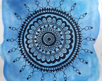 ORAÏA - Blue and Black Mandala - High Vibrations High Frequencies Intuitive Art Hand Drawn Watercolor and Markers